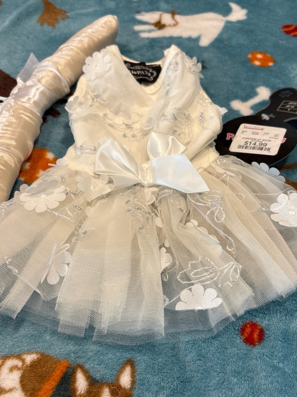 White Floral Tulle Pet Dress with Satin Bow